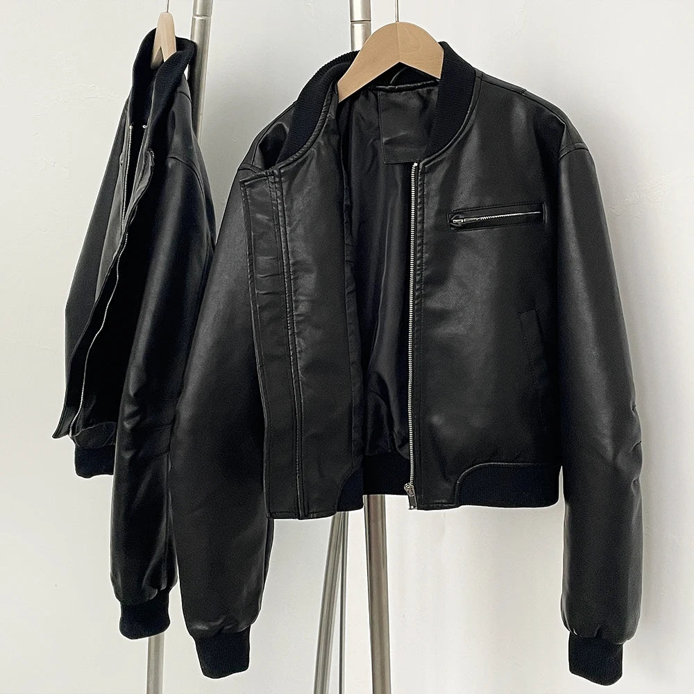 OFTBUY New Spring Autumn Faux Leather Jacket Female Fashion Knitted Collar Fake Leather Coat Women High Quality Black Clothes