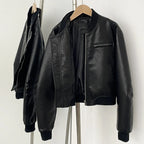 OFTBUY New Spring Autumn Faux Leather Jacket Female Fashion Knitted Collar Fake Leather Coat Women High Quality Black Clothes