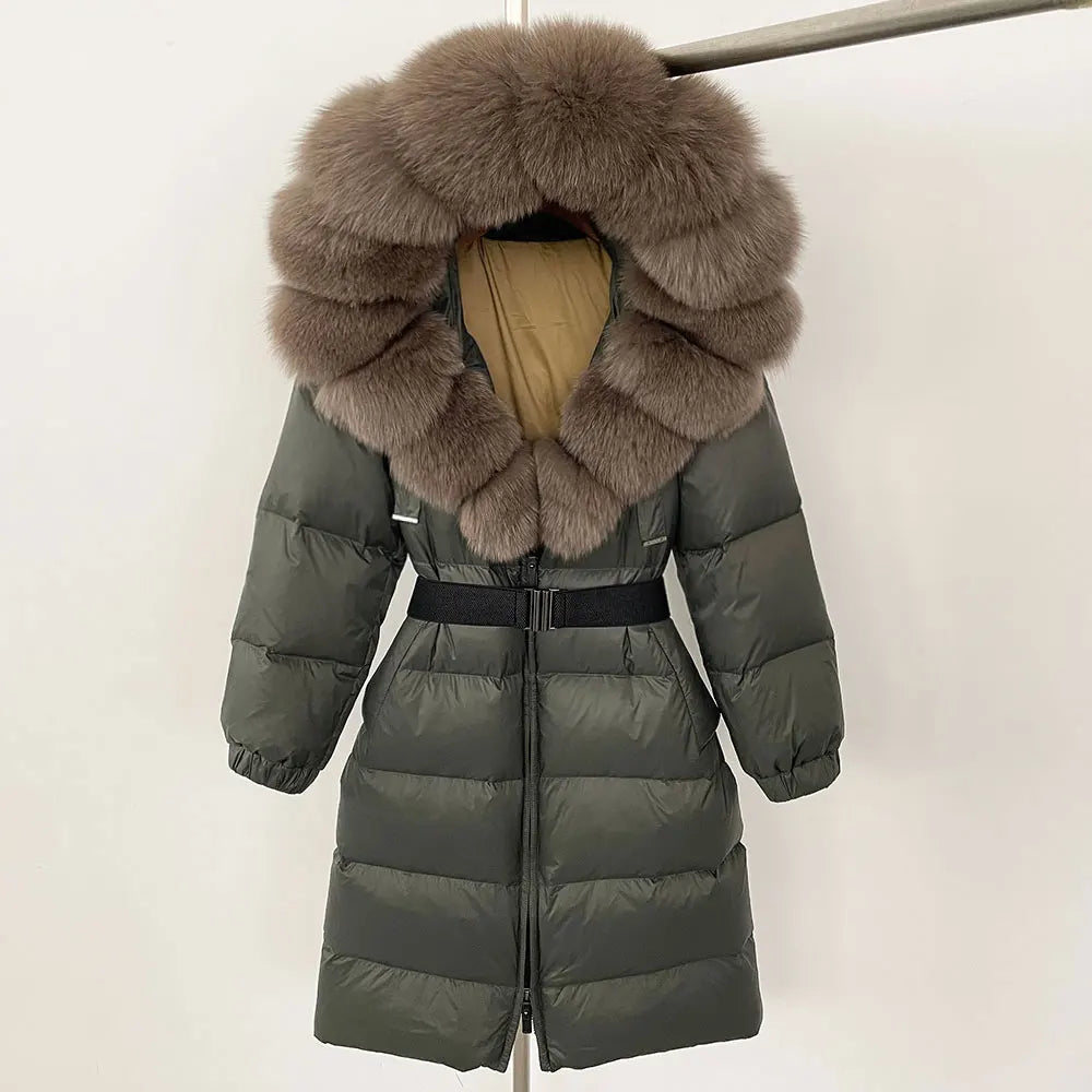 OFTBUY New Natural Thick Warm Duck Down Coat Female Long Winter Jacket Women Real Big Fox Fur Collar Belt Loose Puffer Parka