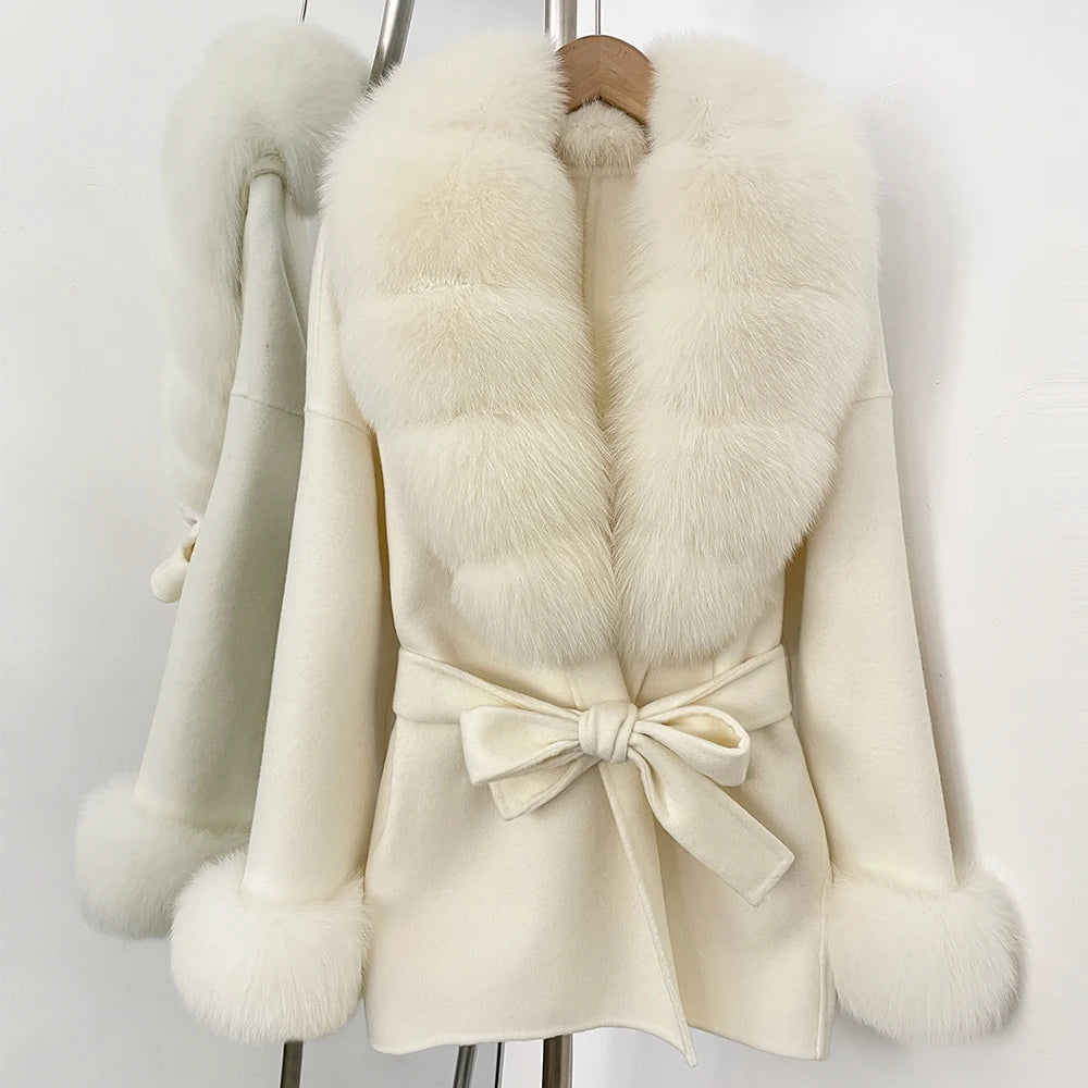 OFTBUY New Women's Double-Faced Wool Coat with Large Real Fox Fur Belted Warm Jacket Winter Elegant Fashion Outerwear Female