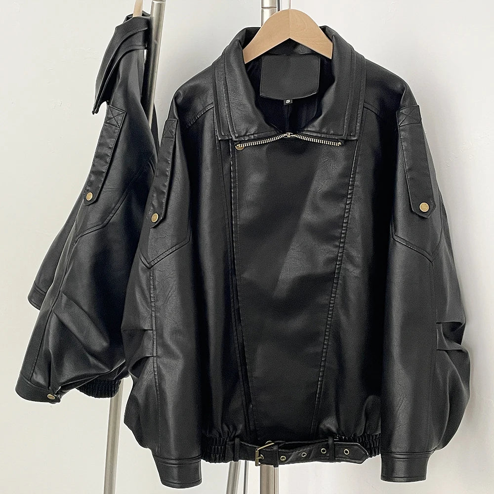 OFTBUY Wholesale Faux Leather Jacket Women Fashion Black Fake Leather Locomotive Coat Female New Spring Autumn Clothes Lady Overcoat