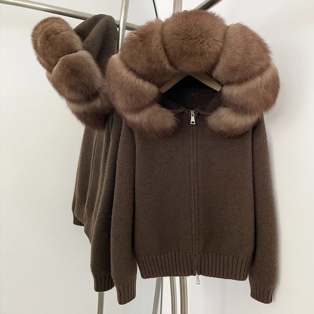 OFTBUY Luxury Knitted Zip-Up Hoodie with Oversized Real Fox Fur Hood - Premium Apres-Ski Luxe Loungewear