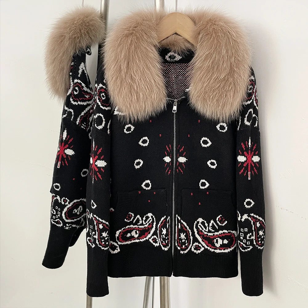 OFTBUY Women's Vintage Real Fox Fur Collar Knit Cardigan Paisley Print Zip Up Sweater Jacket Female Warm Winter Luxury Outerwear