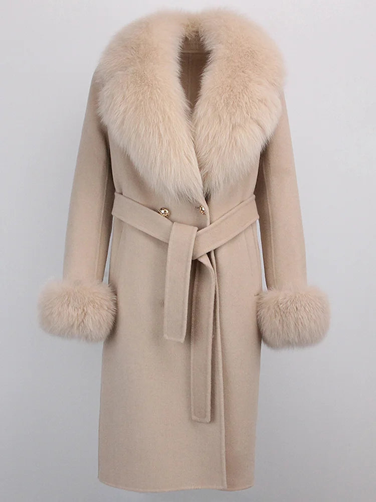 OFTBUY Winter Jacket Women Long Natural Wool Blends Cashmere Real Fur Coat Double Breasted Belt Warm Streetwear New Fashion