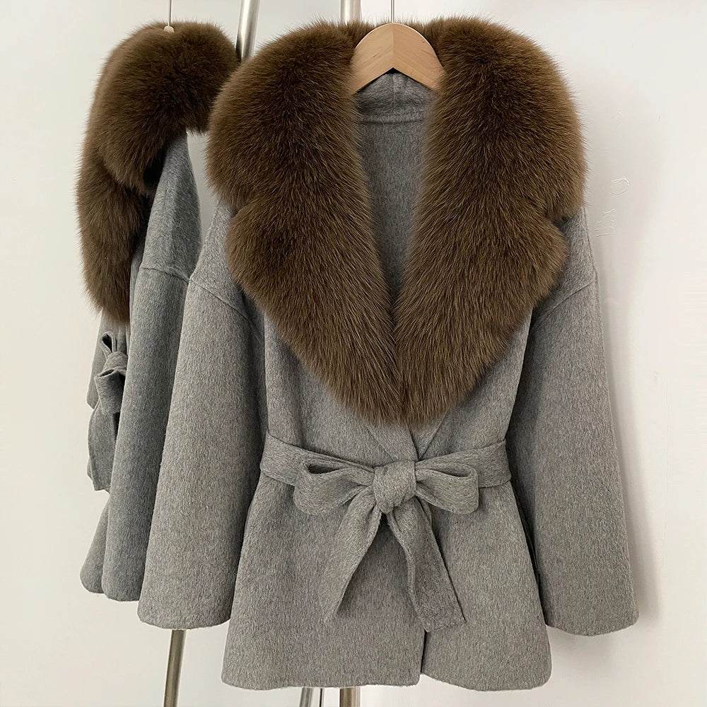 OFTBUY Belted Warm Winter Elegant Fashion Outerwear Lady New Women's Double-Faced Wool Coat with Large Real Fox Fur Collar Cuffs
