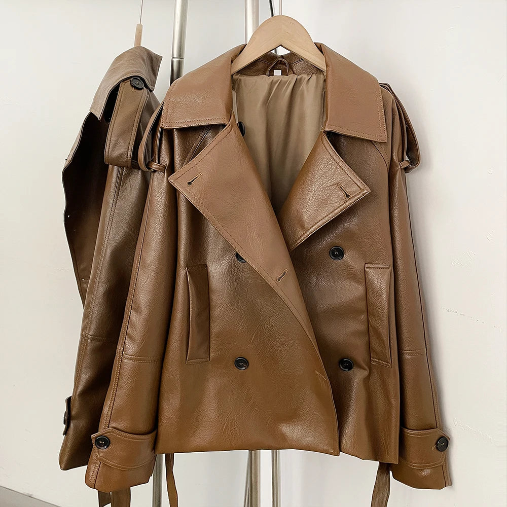 OFTBUY Women's Vintage Brown Faux Leather Trench Coat Double Breasted PU Jacket with Waist Belt Elegant Office Outerwear Female