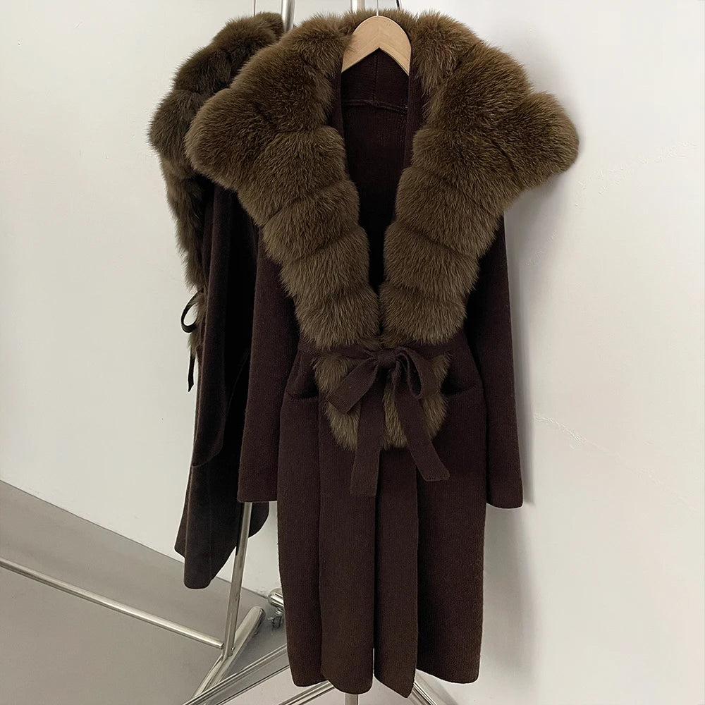 OFTBUY New Natural Fur Collar Long Knit Jacket Women Atrumn Winter Top Clothing Female Fashion Warm Belt Real Fox Fur Cardigan