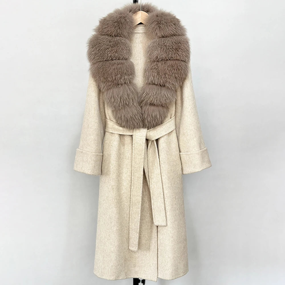 OFTBUY Long Belt 100% Wool Coat with Real Fox Fur Collar Warm Natural Fur Woolen Jacket Female New Autumn Winter Clothing Women