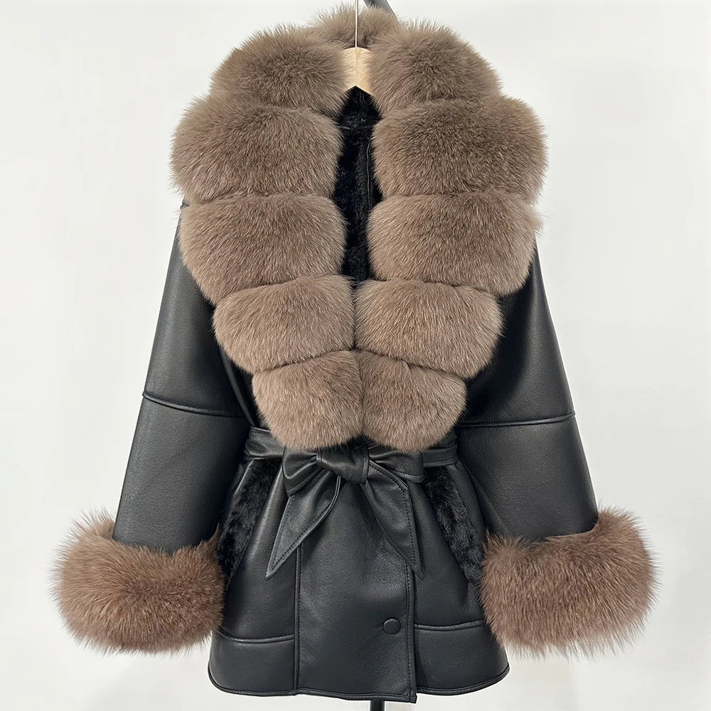 OFTBUY Large Natural Fox Fur Women Faux Leather Jacket Autumn Winter Fashion Ladies Warm Retor Faux Lamb Fur Coat Outwear
