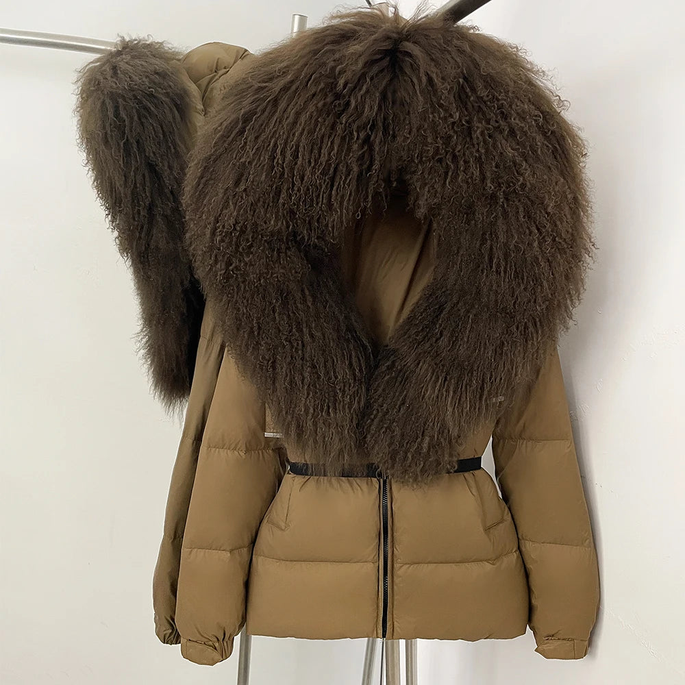 OFTBUY New Belted Luxury Warm Winter Women's Puffer Jacket with Real Mongolia Sheep Fur Collar Outerwear Duck Dowm Coat Female
