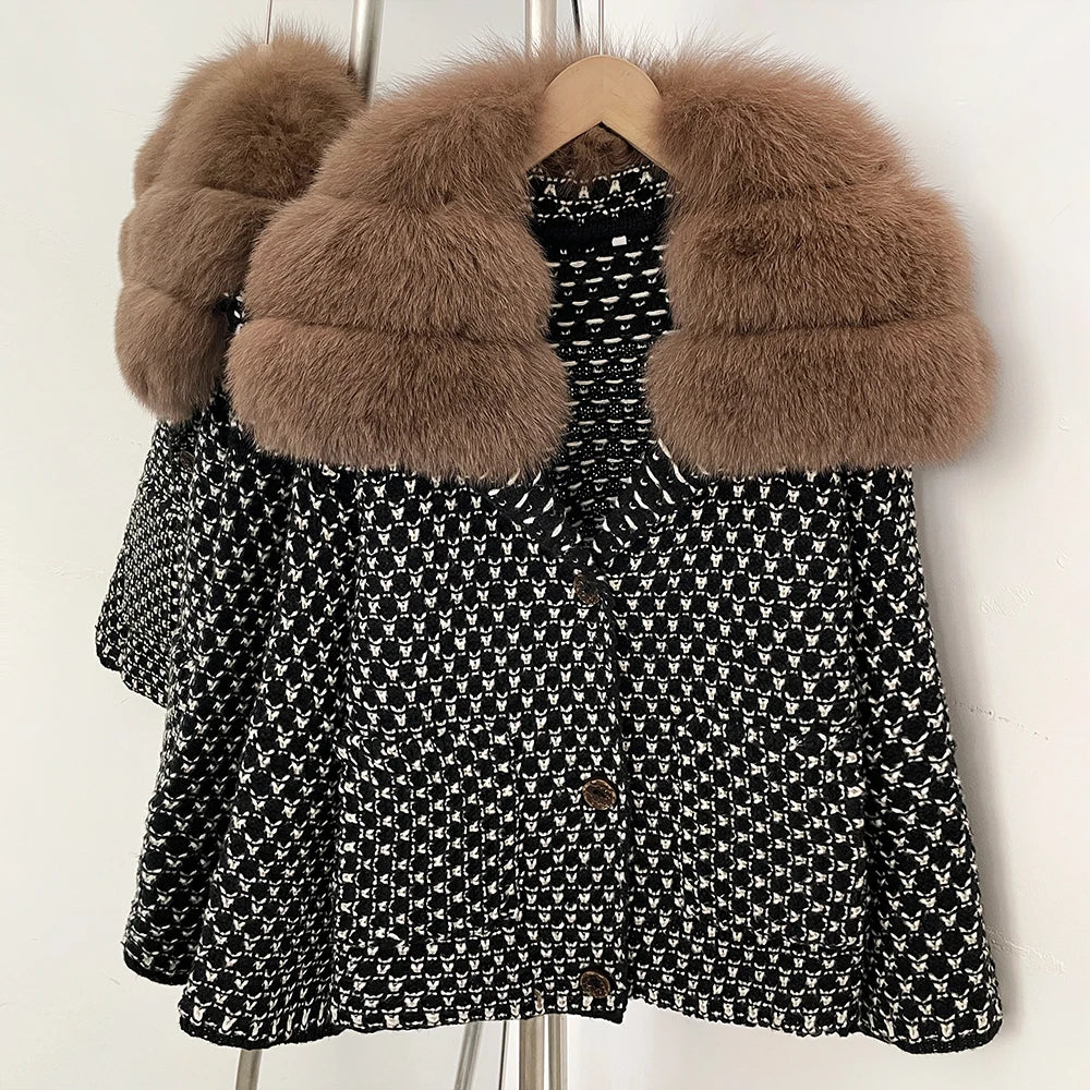 OFTBUY Women's Real Fox Raccoon Fur Collar Houndstooth Knit Cardigan Warm Winter Sweater Coat Female Luxury Elegant Outerwear
