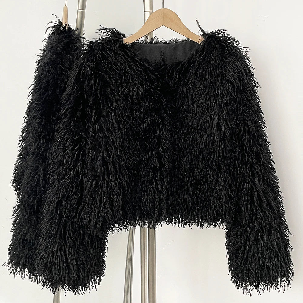 OFTBUY Cropped Faux Mongolia Sheep Fur Jacket