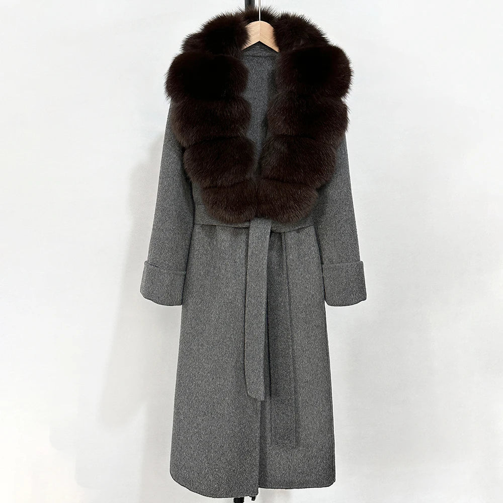 OFTBUY Long Belt 100% Wool Coat with Real Fox Fur Collar Warm Natural Fur Woolen Jacket Female New Autumn Winter Clothing Women