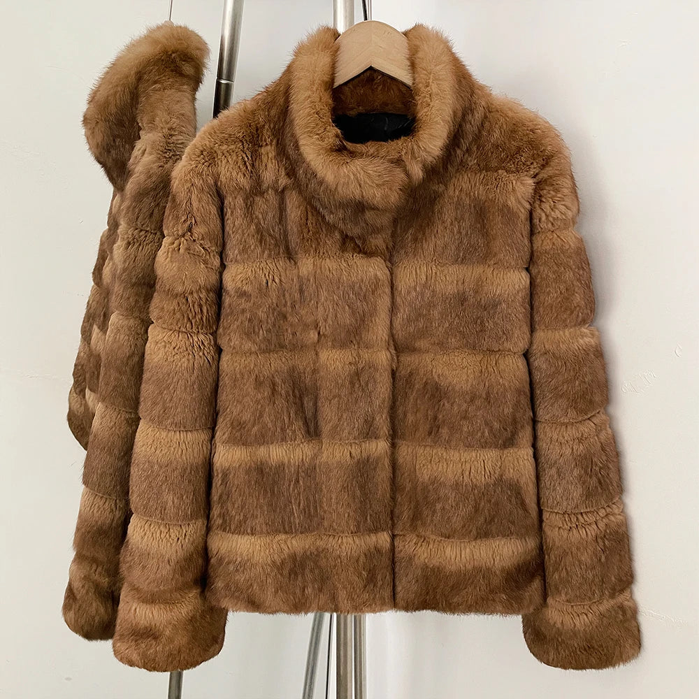 OFTBUY Women Horizontal Striped Real Rabbit Fur Coat Luxury Camel Fur Jacket with Stand Collar New Warm Winter Outerwear Female