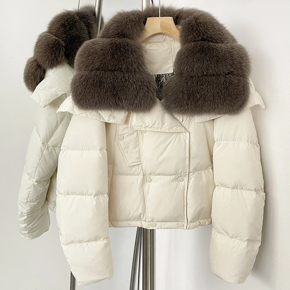 OFTBUY New Short Winter Clothing Women Thickened Warm Fluffy Raccoon Fur Puffer Jacket Female Real Fox Fur Collar Down Coat