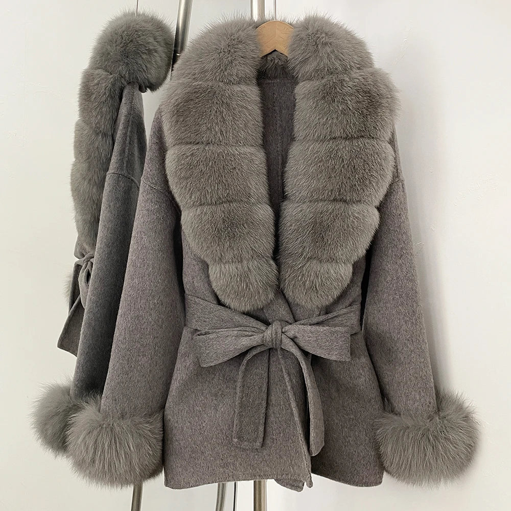 OFTBUY New Women's Double-Faced Wool Coat with Large Real Fox Fur Belted Warm Jacket Winter Elegant Fashion Outerwear Female
