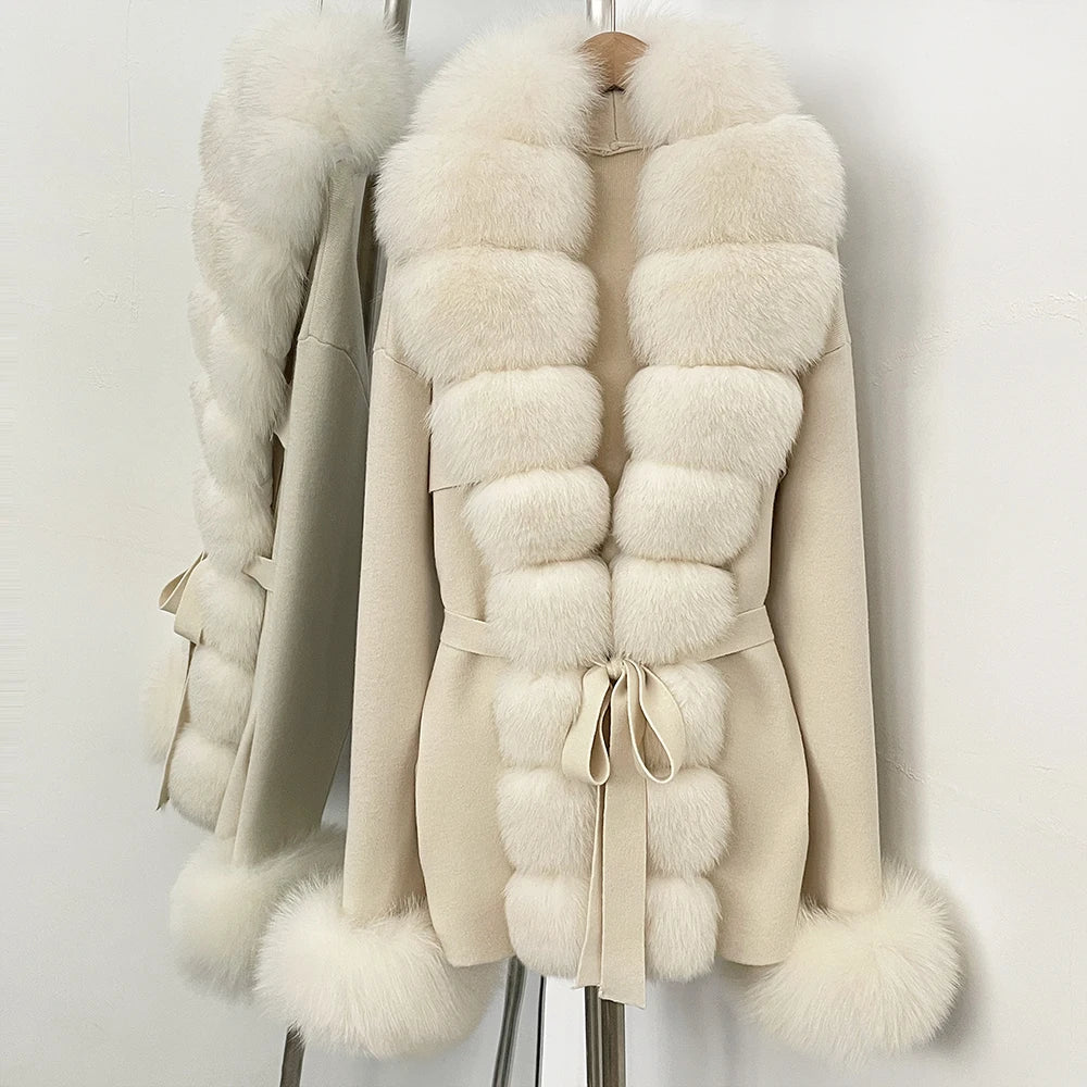 OFTBUY New Spring Autumn Clothing Women Fashion Real Fox Fur Kint Cardigan Female Belt Luxury Loose Fur Cuffs Sweater Jacket