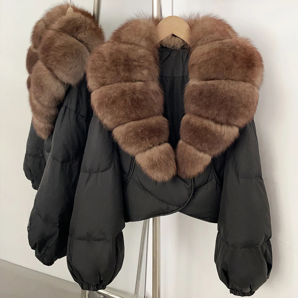 OFTBUY New Winter Real Fox Fur Short Puffer Jackets Women Natural Thick Warm 90% White Duck Down Cropped Loose Waterproof Coat