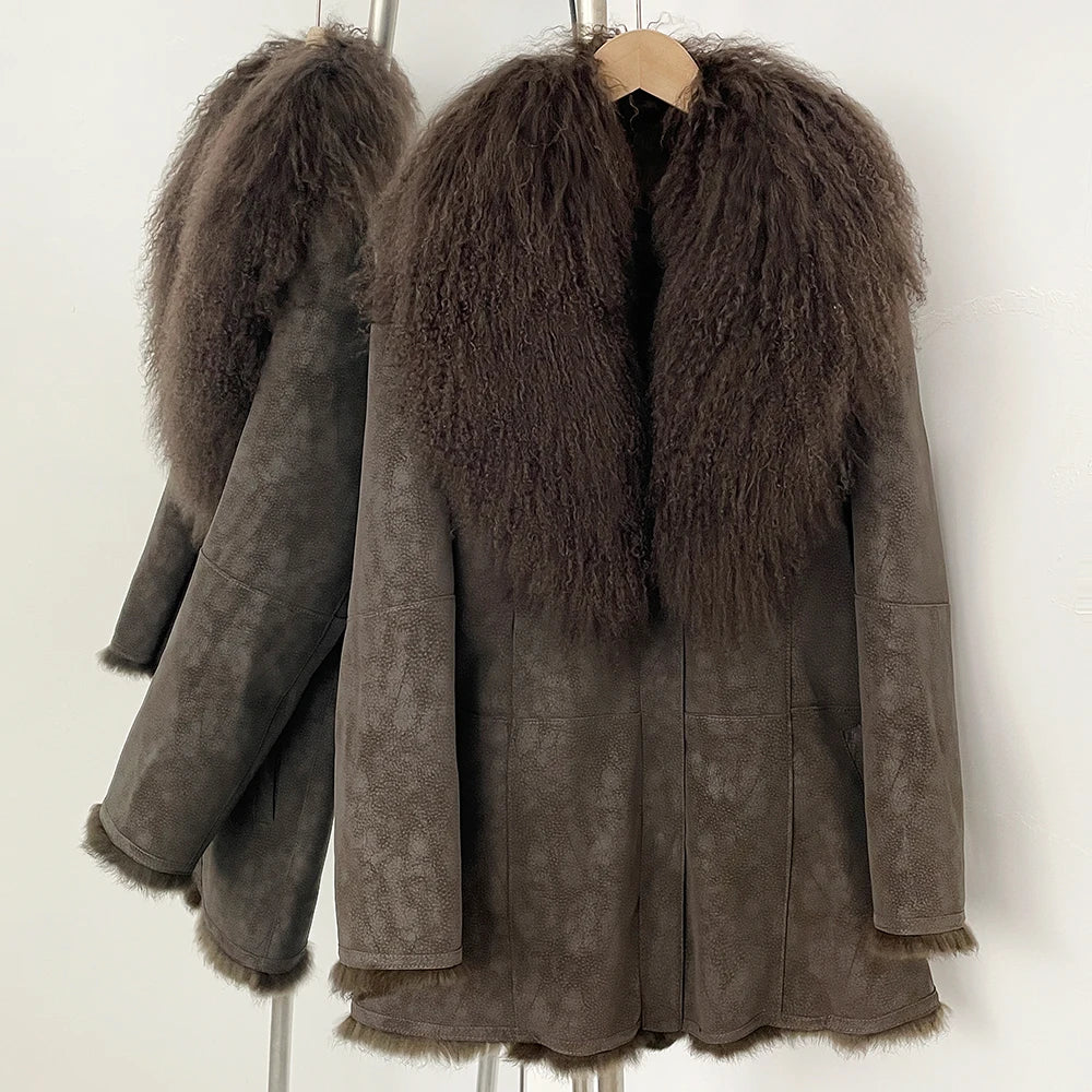 OFTBUY Medium Real Rabbit Fur Blend Coat Female New Winter Top Clothes Women Thickened Warm Natural Mongolia Sheep Fur Jacket