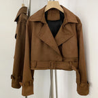 OFTBUY Lapel Collar Belted Waist Buckled Cuffs Casual Fashion Outerwear female New Women's Faux Suede Cropped Trench Jacket