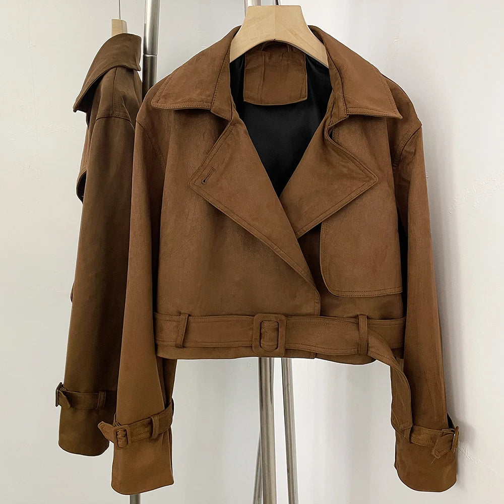 OFTBUY Lapel Collar Belted Waist Buckled Cuffs Casual Fashion Outerwear female New Women's Faux Suede Cropped Trench Jacket