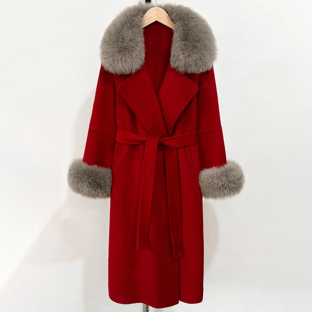 OFTBUY Fashion Warm Wool Coat with Real Fox Fur Collar New Autumn Winter Long Clothing Women Belt Elegant Woolen Jcacket Female