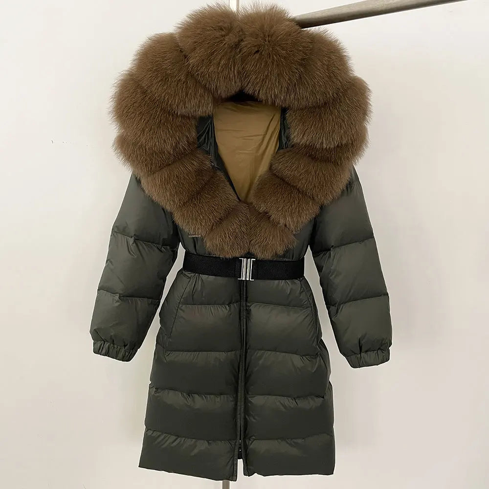 OFTBUY New Natural Thick Warm Duck Down Coat Female Long Winter Jacket Women Real Big Fox Fur Collar Belt Loose Puffer Parka