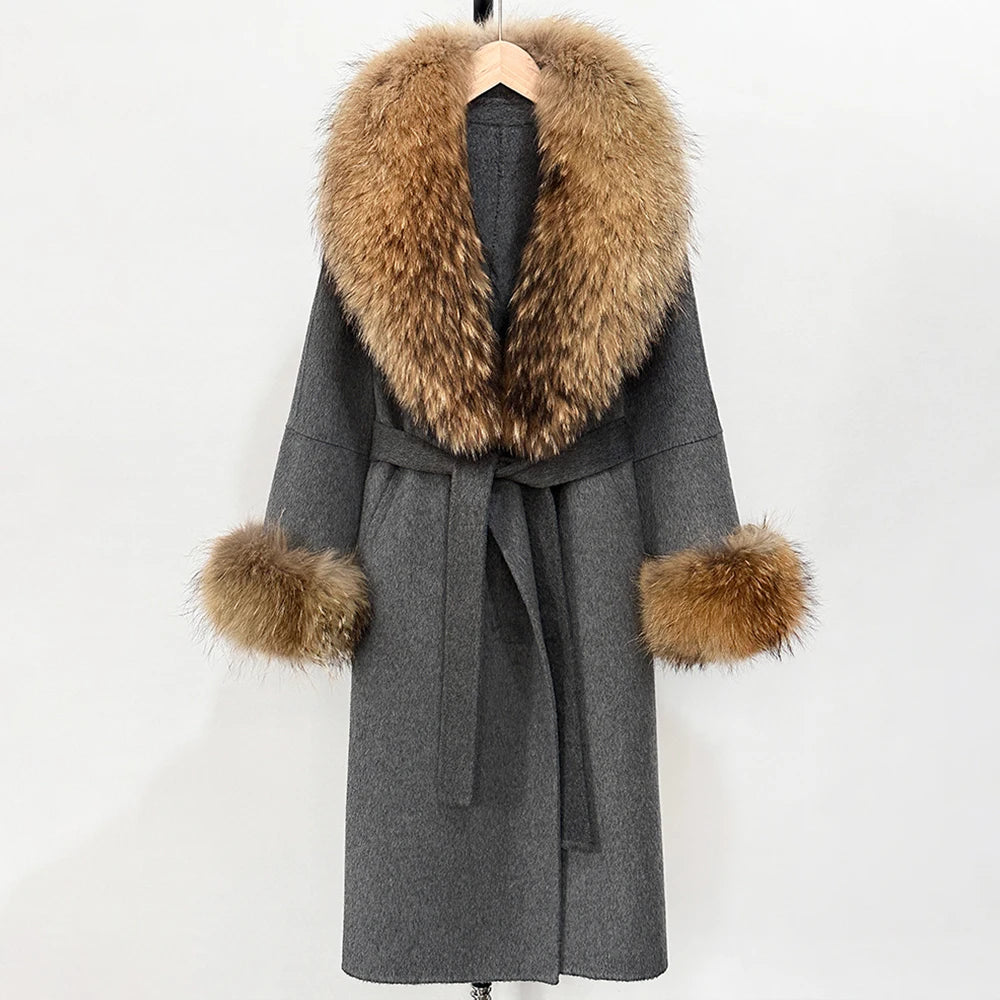 OFTBUY New Women's Double-Faced Wool Coat with Large Real Fox Fur Belted Warm Winter Luxury Fashion Outerwear Woolen Jacket Lady