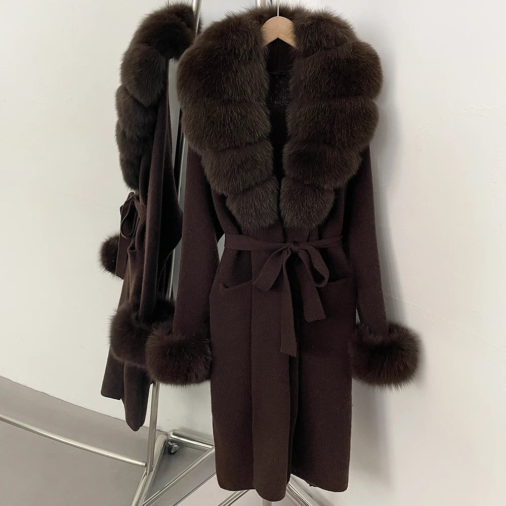 OFTBUY New Cardigan Autumn Winter Long Knit Clothing Women Loose Warm Belt Sweater Jacket with Real Fox Fur Collar and Cuffs