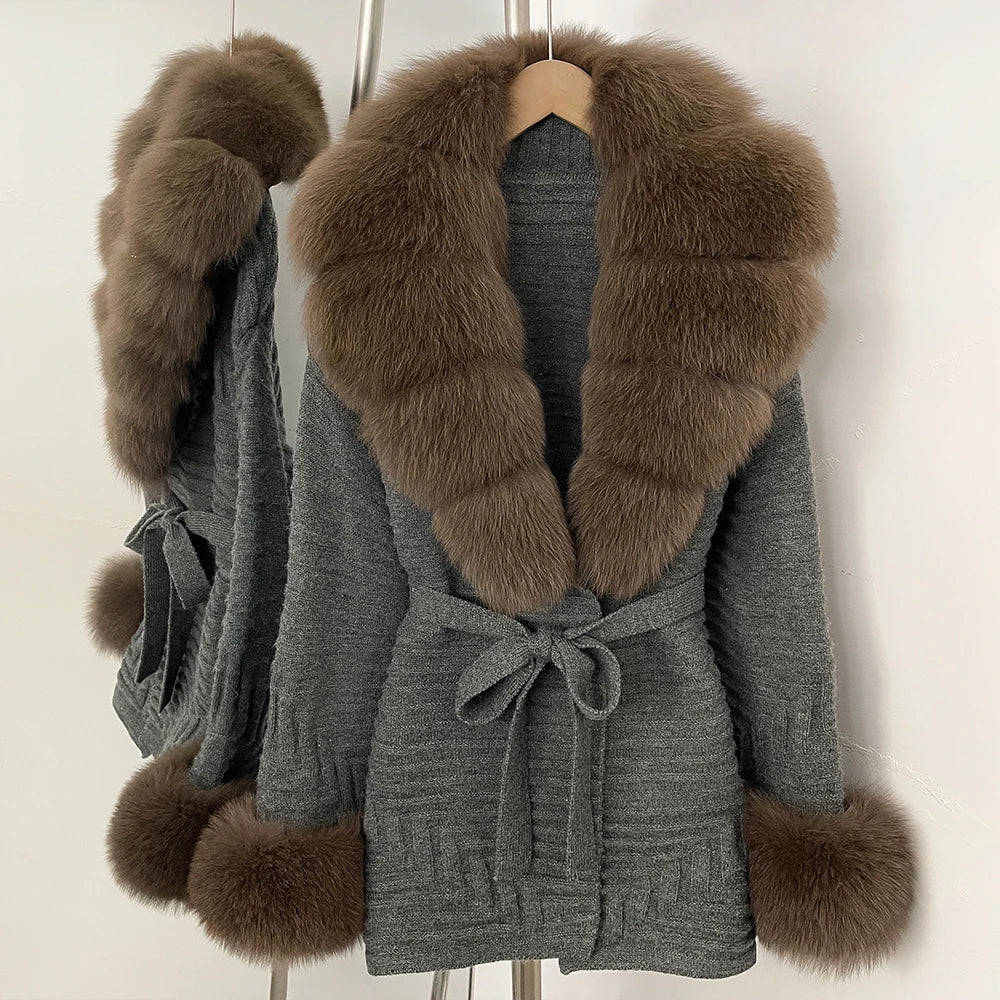 OFTBUY Belted Waist Striped Texture Pockets New Women's Knit Coat with Large Real Fox Fur Collar Winter Luxury Elegant Outerwear