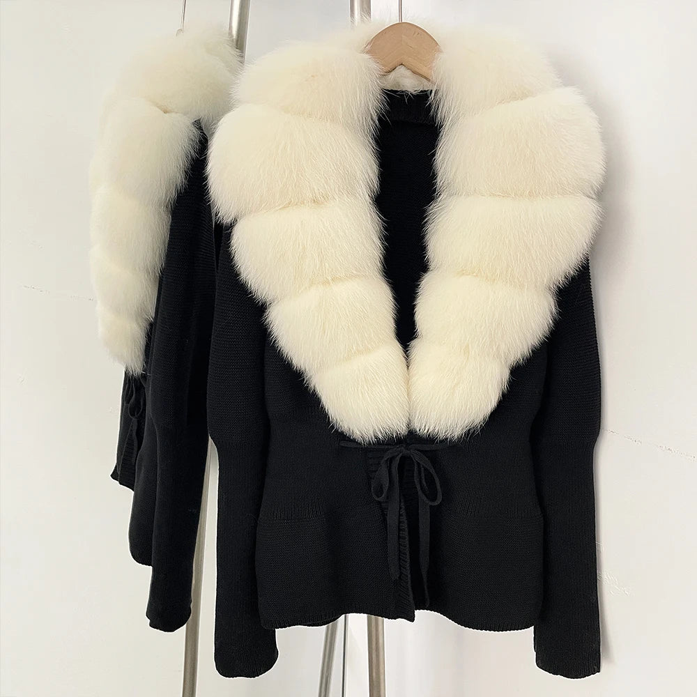 OFTBUY Luxury 100% Cotton Jacket with Real Fox Fur Collar New Autumn Winter Knit Cardigan Women Slim Warm Sweater Outerwear Lady