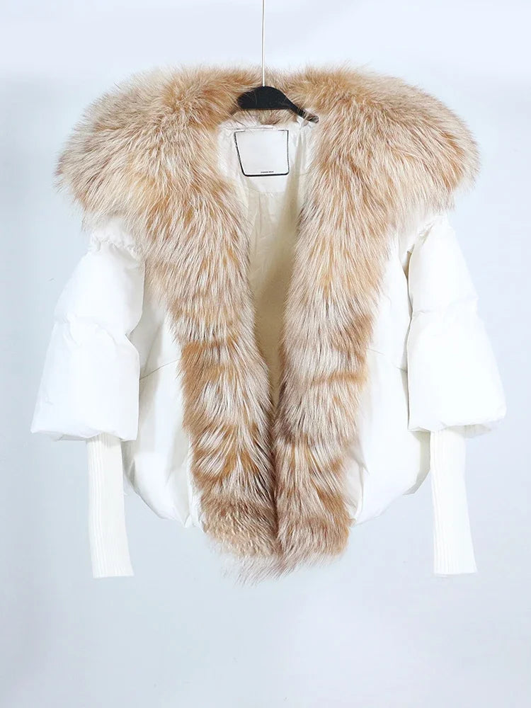OFTUBY White Duck Down Jacket Winter Women Warm Loose Coat Natural Real Fox Fur Collar Thick Luxury Outerwear New Fashion