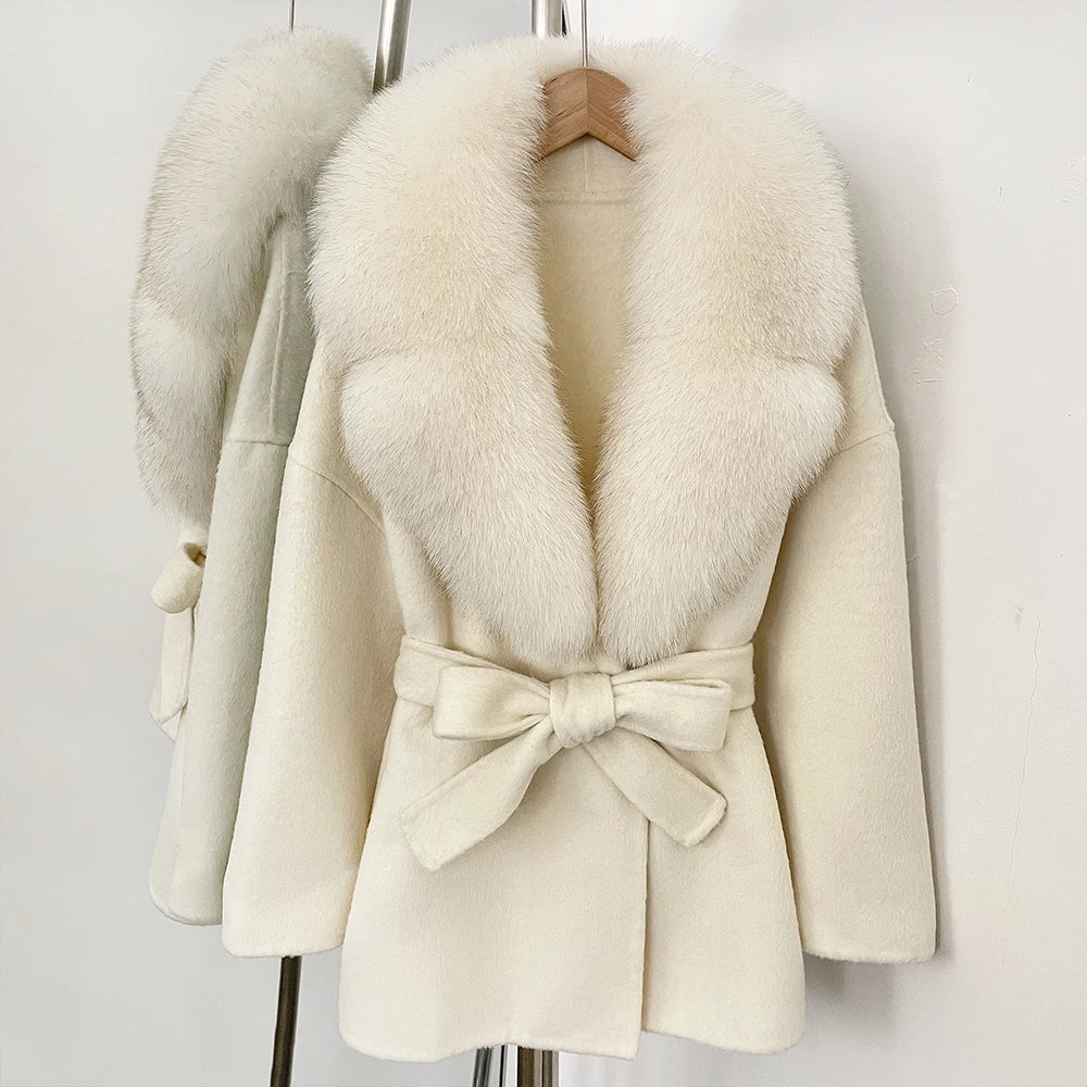 OFTBUY Belted Warm Winter Elegant Fashion Outerwear Lady New Women's Double-Faced Wool Coat with Large Real Fox Fur Collar Cuffs