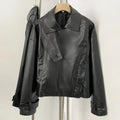 OFTBUY New Women's Clothes Faux Leather Jacket Lapel Collar Button Coat Female Elastic Hem Streetwear Fashion Casual Outerwear
