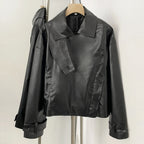 OFTBUY New Women's Clothes Faux Leather Jacket Lapel Collar Button Coat Female Elastic Hem Streetwear Fashion Casual Outerwear