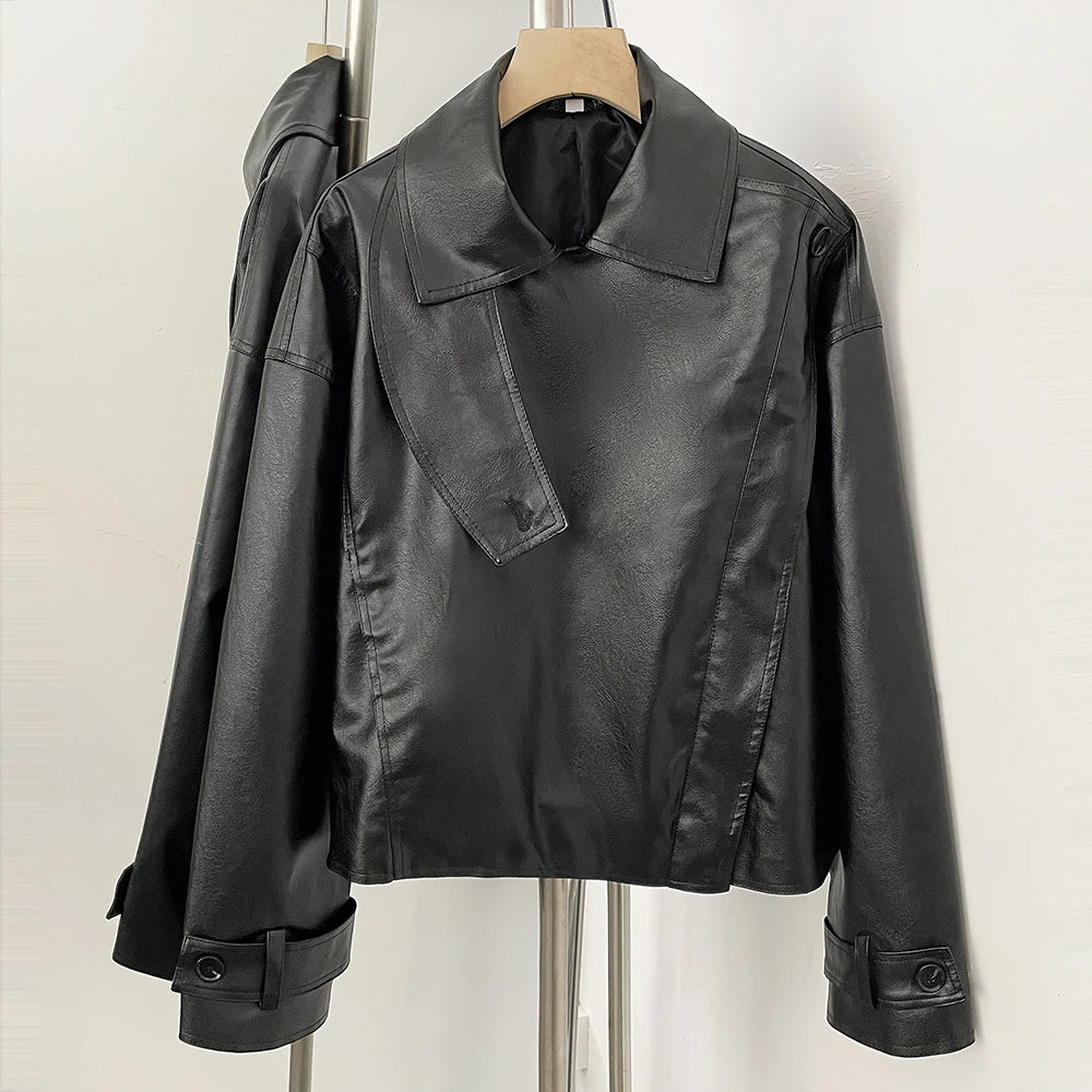 OFTBUY New Women's Clothes Faux Leather Jacket Lapel Collar Button Coat Female Elastic Hem Streetwear Fashion Casual Outerwear