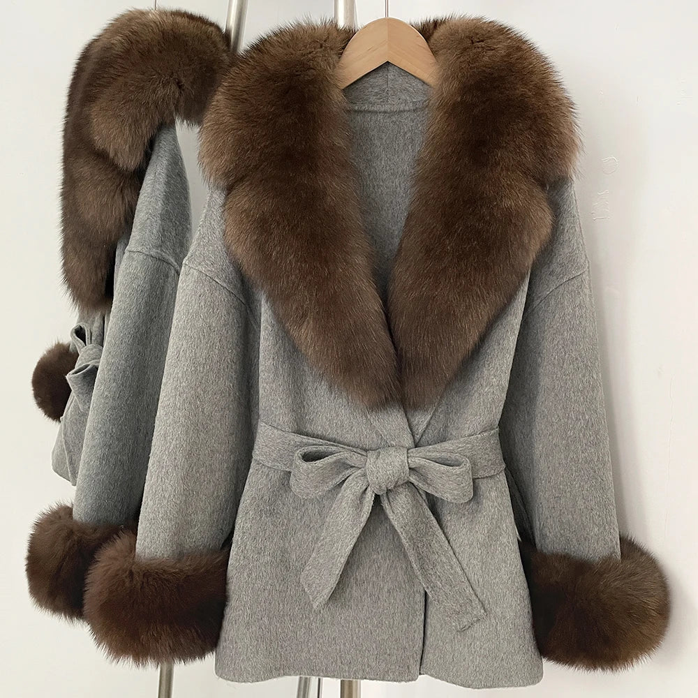 OFTBUY New Women's Double-Faced Wool Coat with Large Real Fox Fur Collar Cuffs Belted Warm Winter Elegant Fashion Outerwear Lady