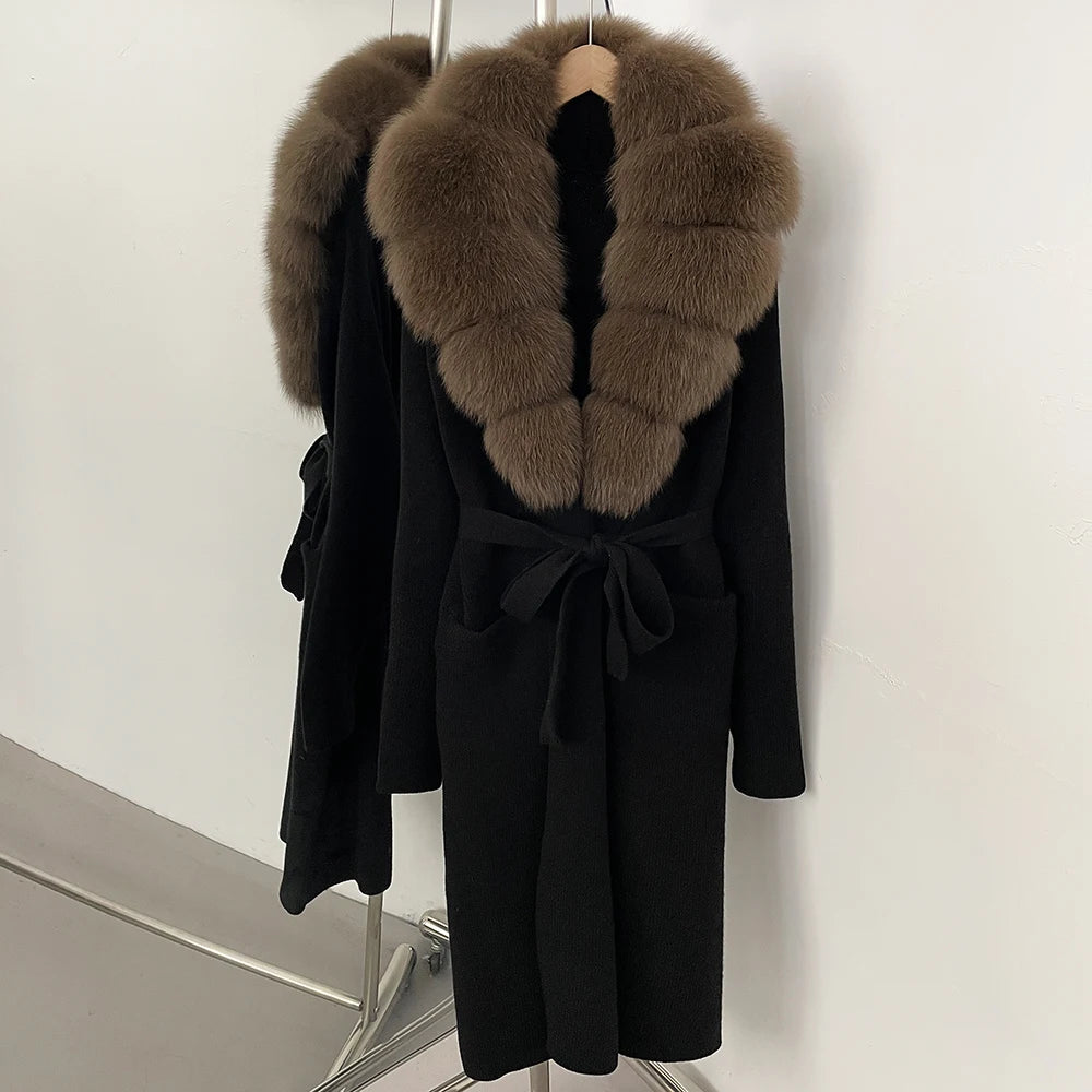 OFTBUY Women's Luxury Brown Knit Cardigan with Real Fox Fur Collar Belted Sweater Coat Female New Fashion Warm Winter Outerwear