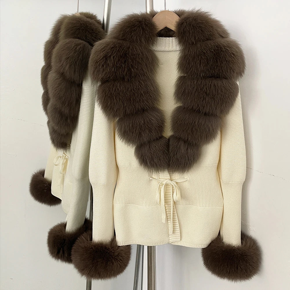 OFTBUY New Autumn Winter Knit Cardigan Women Fashion Warm Clothes with Real Fox Fur Luxury Natural Fur Sweater Jacket Female