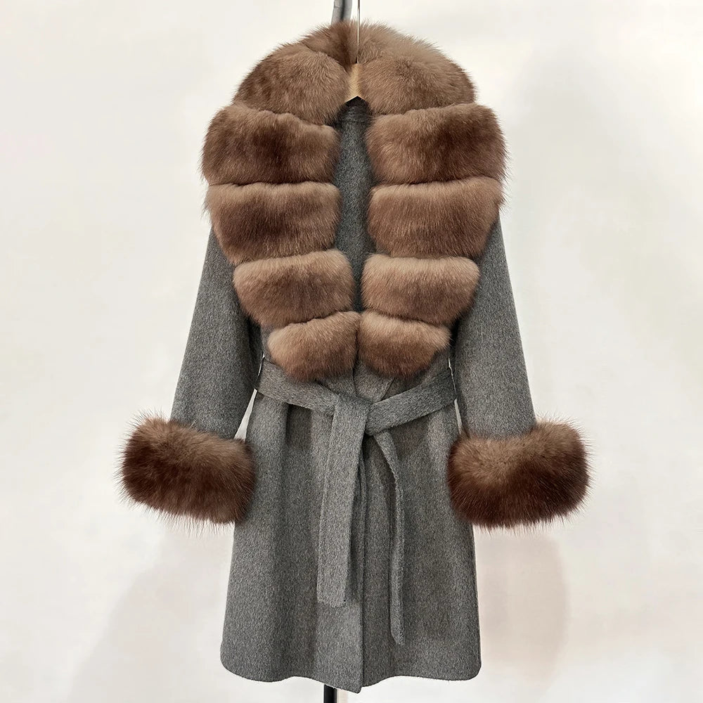 OFTBUY New Autumn Winter Top Clothes Women Belt Natural Fur Wool Coat Female Fashion Warm Woolen Jacket with Real Fox Fur Collar