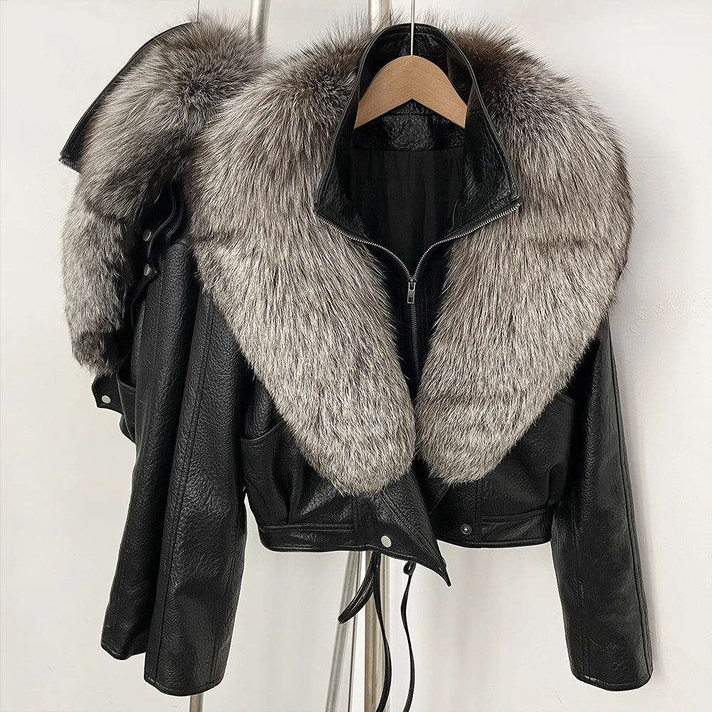 OFTBUY Women's Black Faux Leather Moto Jacket with Real Fox Fur Collar PU Leather Cropped Biker Coat Female New Winter Outerwear