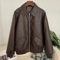 OFTBUY Women's Faux Leather Zip Up Jacket Lapel Collar PU Coat with Pockets new autumn winter Casual Vintage Outerwear female