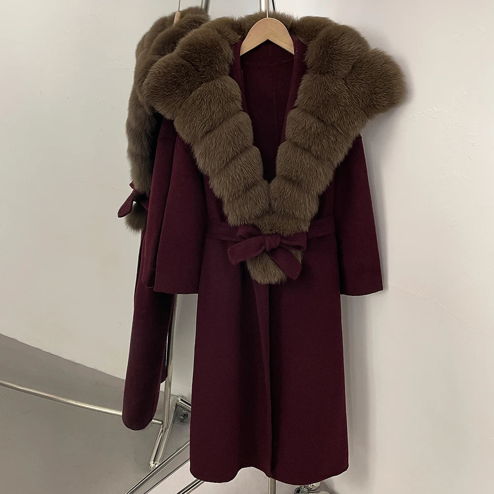 OFTBUY Long Belt Real Fur Wool Coat Female New Autumn Winter Warm Clothes Women Natural Fox Fur Collar Cashmere Woolen Jacket