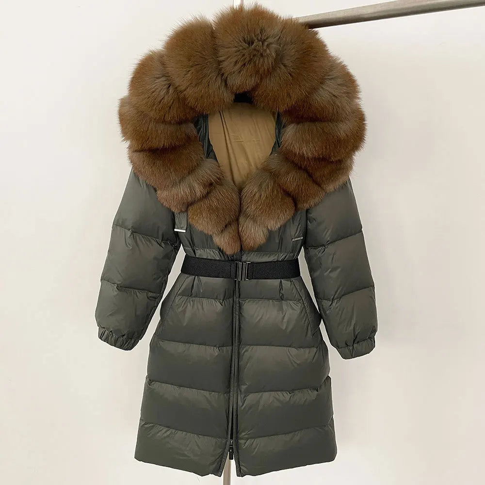 OFTBUY New Natural Thick Warm Duck Down Coat Female Long Winter Jacket Women Real Big Fox Fur Collar Belt Loose Puffer Parka