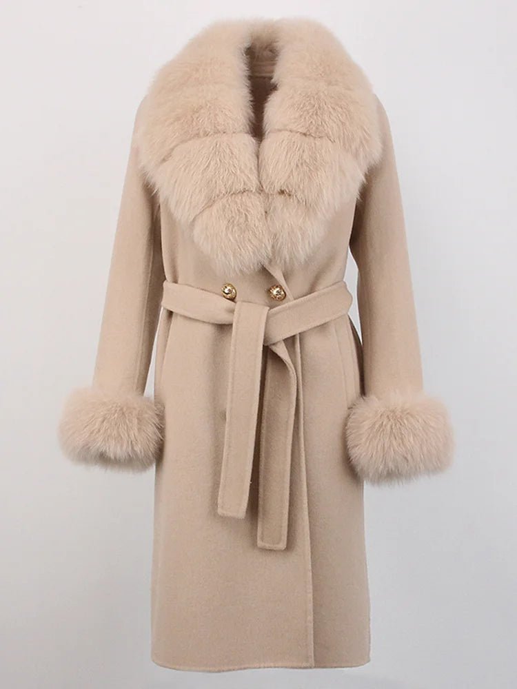 OFTBUY Winter Jacket Women Long Natural Wool Blends Cashmere Real Fur Coat Double Breasted Belt Warm Streetwear New Fashion