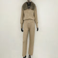 OFTBUY Winter New Women's Knitted Tracksuit Set with Fox Fur Collar Zipper Jacket Wide Leg Pants Luxury Casual Two-Piece Outfit