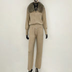 OFTBUY Winter New Women's Knitted Tracksuit Set with Fox Fur Collar Zipper Jacket Wide Leg Pants Luxury Casual Two-Piece Outfit