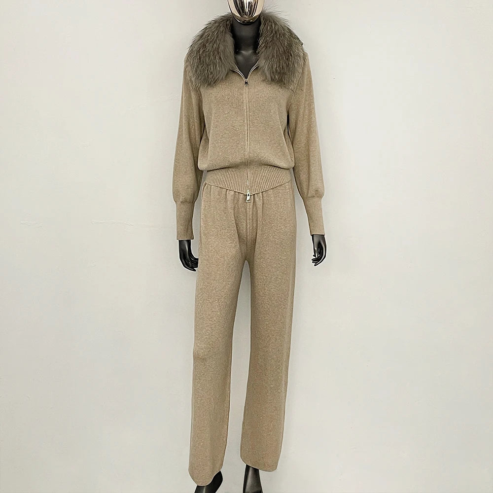 OFTBUY Winter New Women's Knitted Tracksuit Set with Fox Fur Collar Zipper Jacket Wide Leg Pants Luxury Casual Two-Piece Outfit