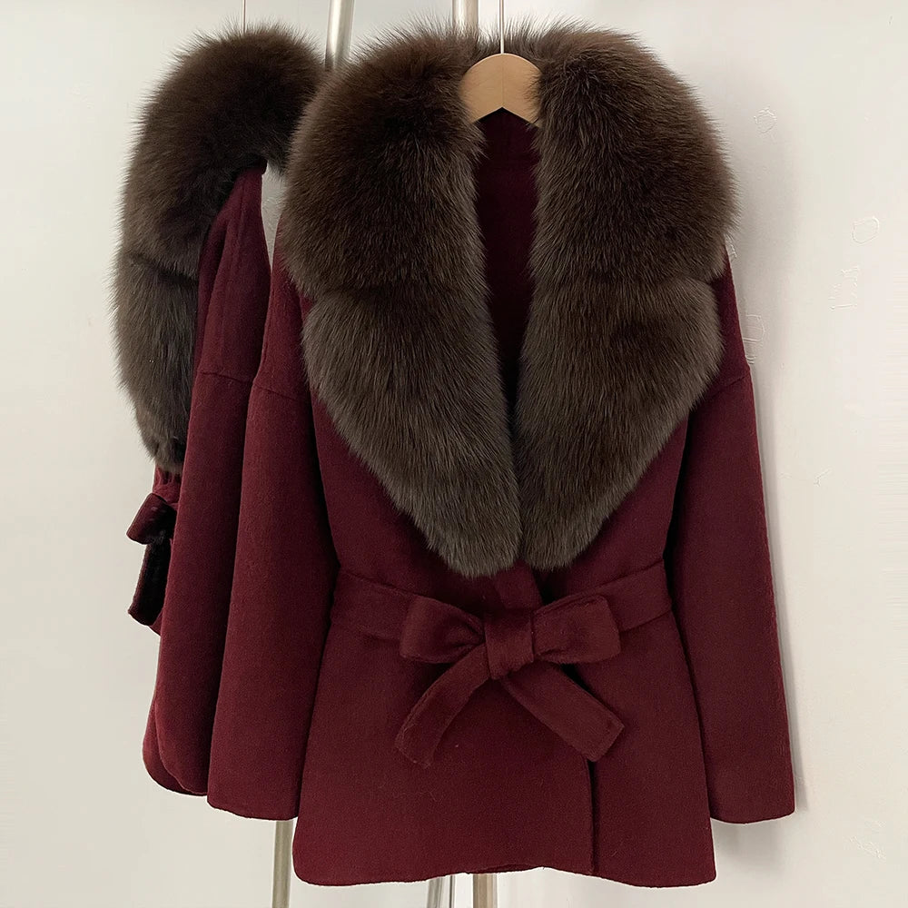 OFTBUY Belted Warm Winter Elegant Fashion Outerwear Lady New Women's Double-Faced Wool Coat with Large Real Fox Fur Collar Cuffs