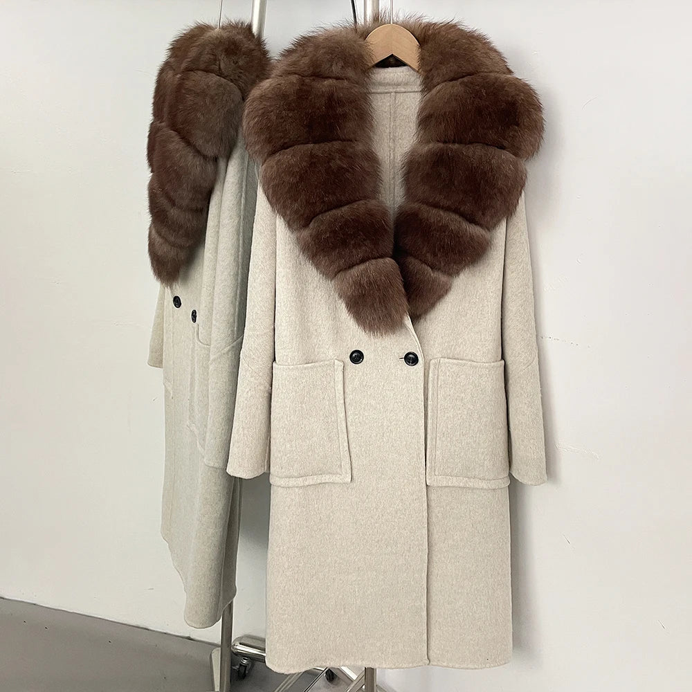 OFTBUY Double Breasted Pockets Long Luxury Warm Winter Outerwear New Women's Double-Faced Wool Coat with Real Fox Fur Collar